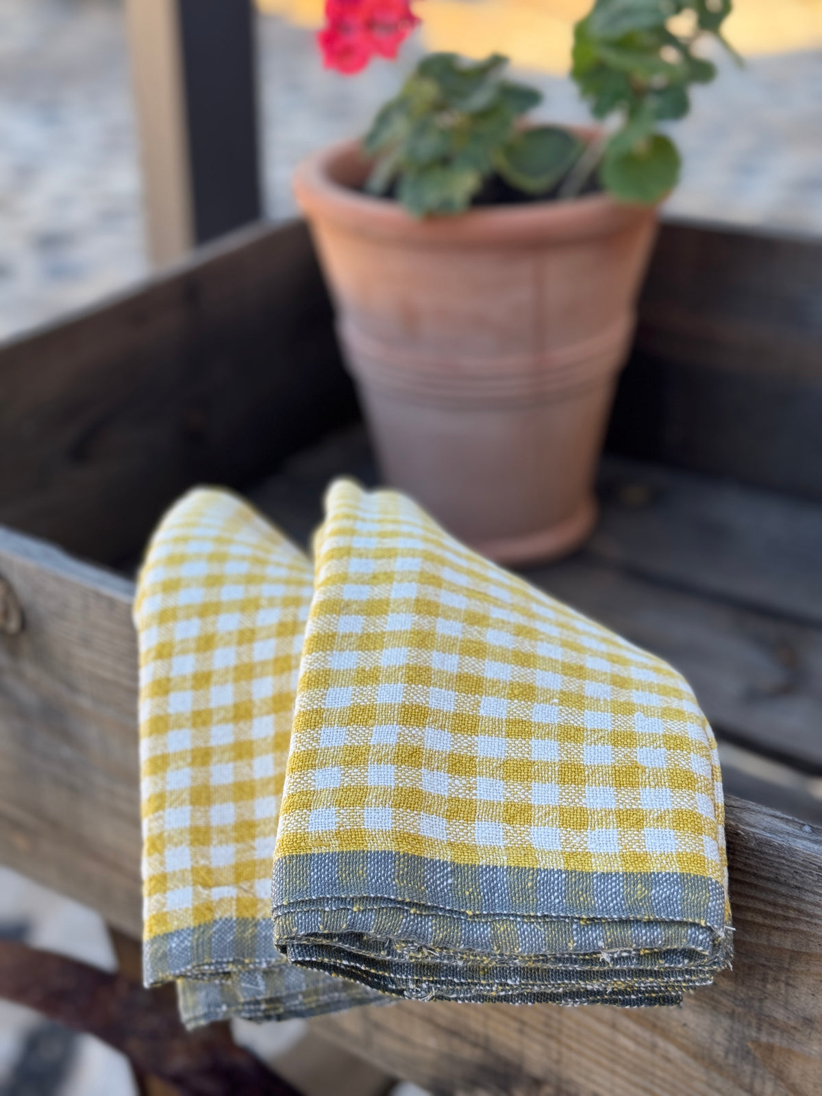 Gingham Yellow + Grey linen tea towel