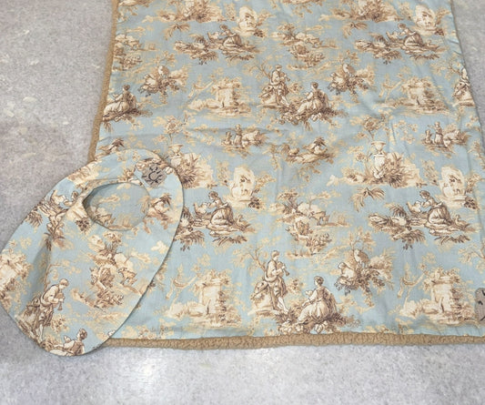 Blue + Taupe Toile Baby bib + Blanket Set