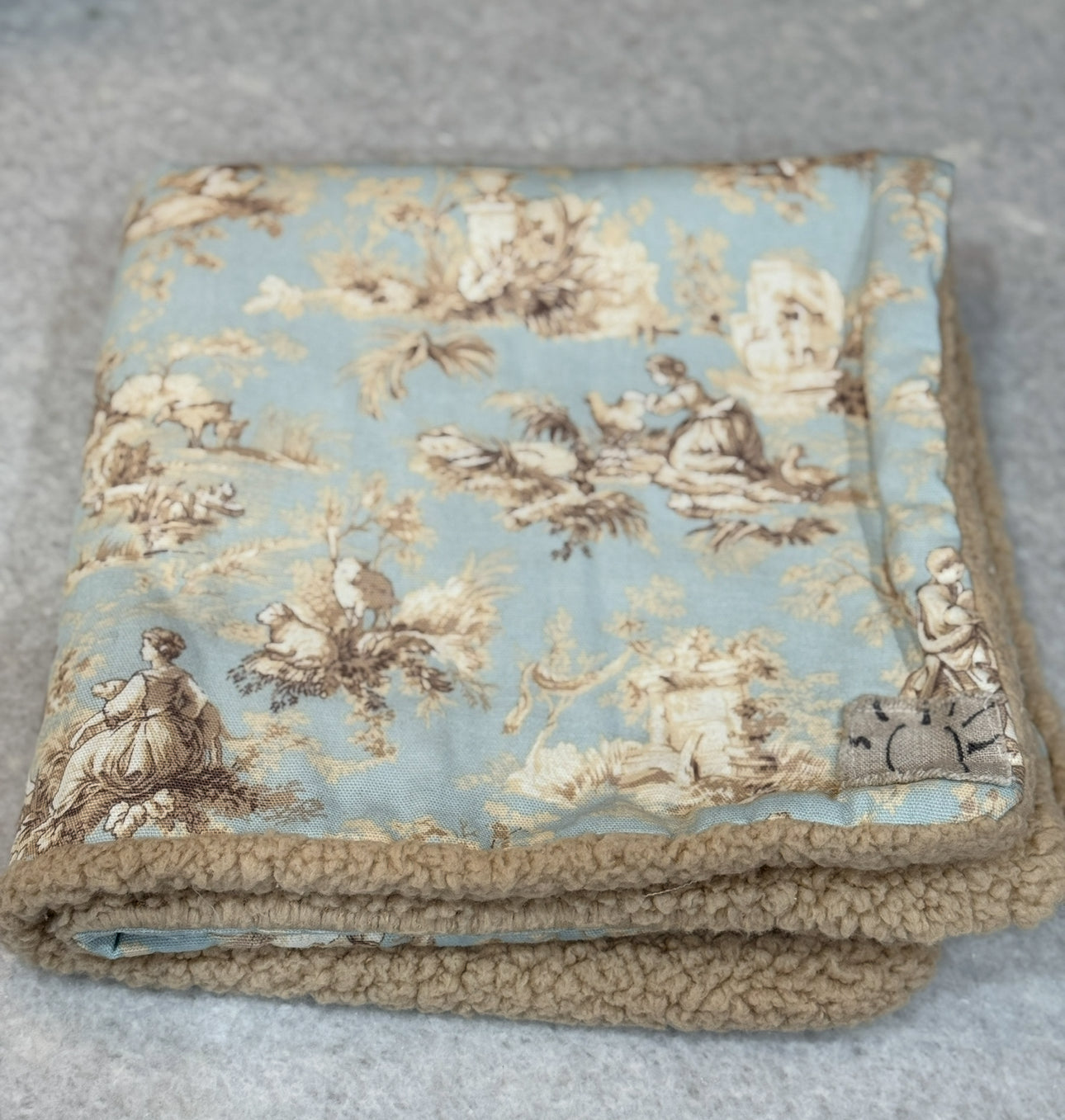 Blue + Taupe Toile Baby bib + Blanket Set