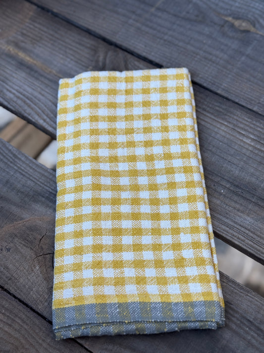 Gingham Yellow + Grey linen tea towel