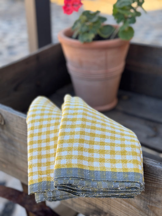 Gingham Yellow + Grey linen tea towel