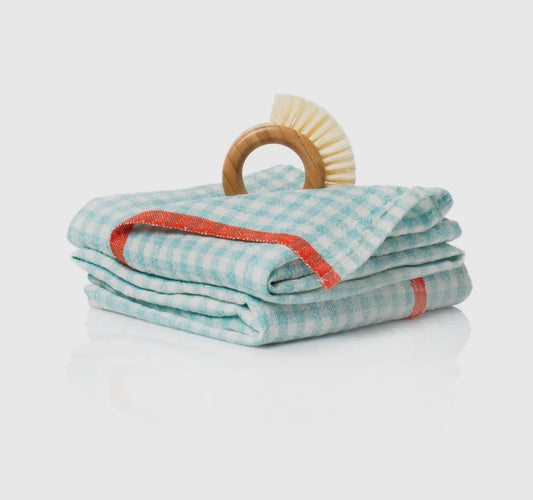 Gingham Aqua + Orange Linen Tea Towel