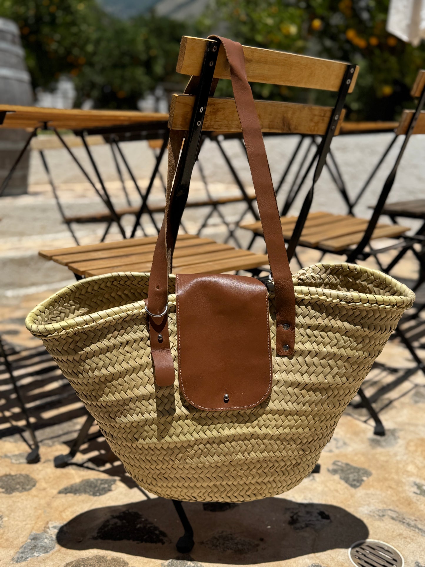 Straw Tote with double leather strap