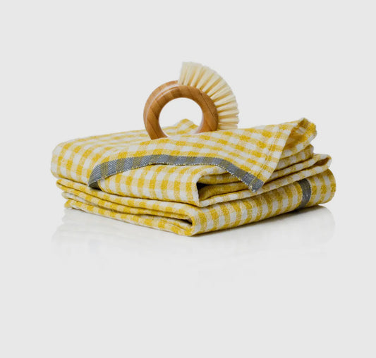 Gingham Yellow + Grey linen tea towel